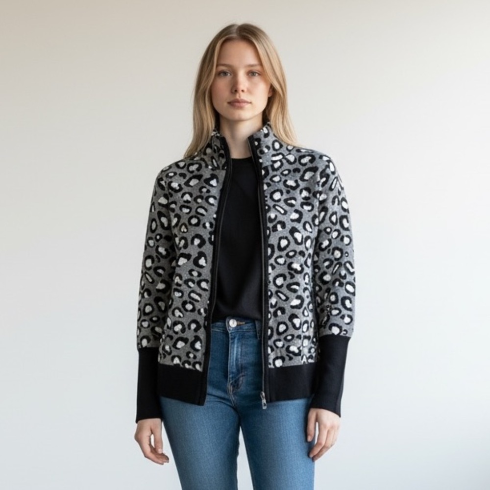 Rachel Zoe Snow Leopard Full Zip Sweater
